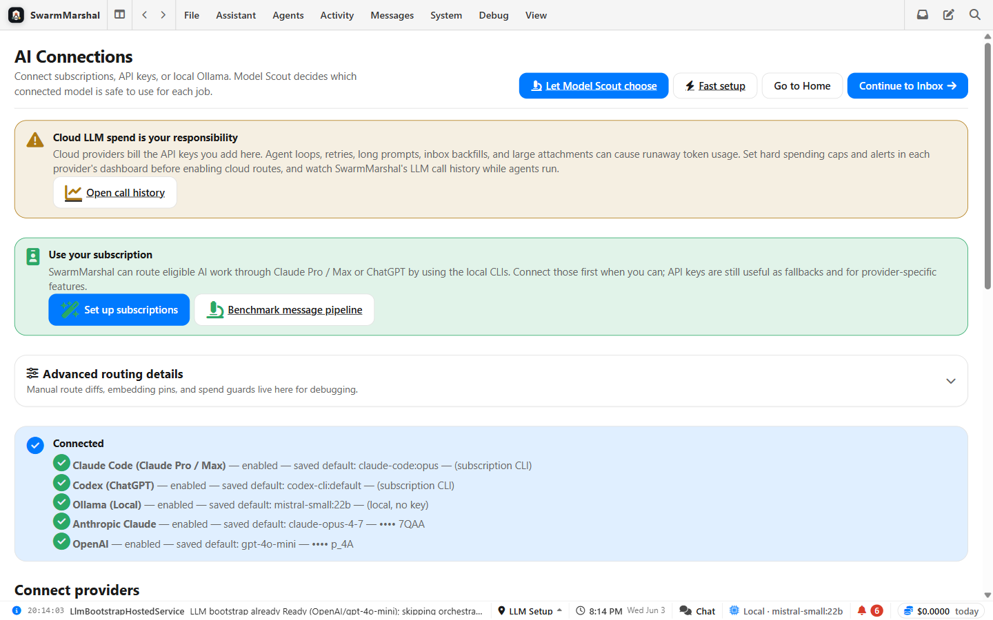 SwarmMarshal LLM setup screenshot