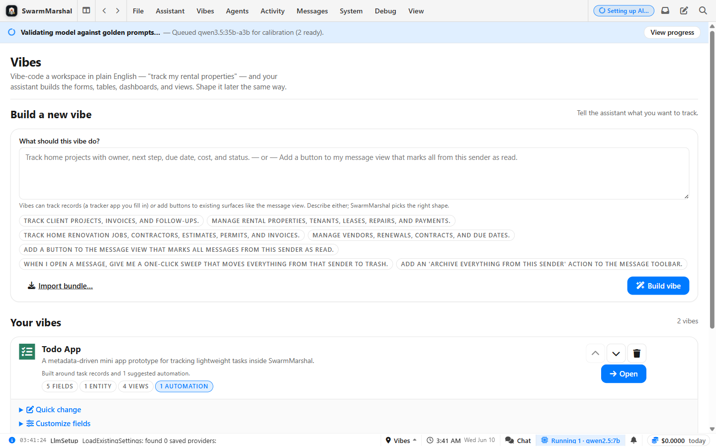 SwarmMarshal Vibes workspace builder screenshot